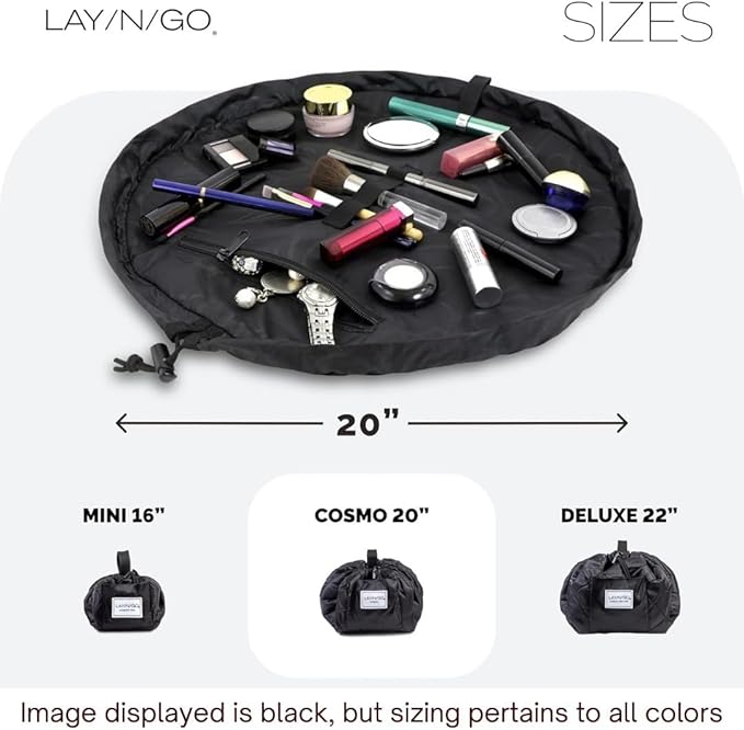 Lay-n-Go Cosmo Layflat Drawstring Cosmetic & Makeup Bag Organizer w/Zipper Pocket, Brush Loops & More, Cinch to Close, Lay Flat to Use, Durable, Machine Wash, Travel Toiletry Bag (20", Love)