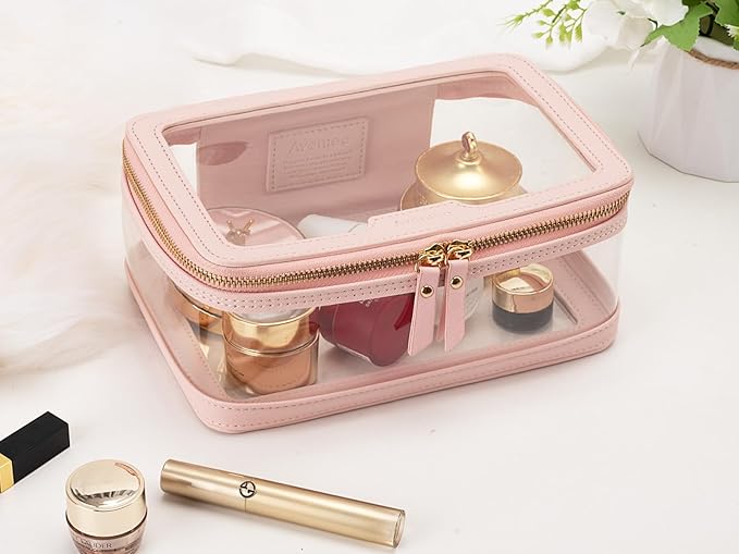 Aveniee Clear Makeup Bag, Travel Toiletry Bag for Women, Large Make up Case Cosmetic Bag with Dual Zipper, Transparent Car Organization Makeup Organizer Pouch for toiletries (Pink)