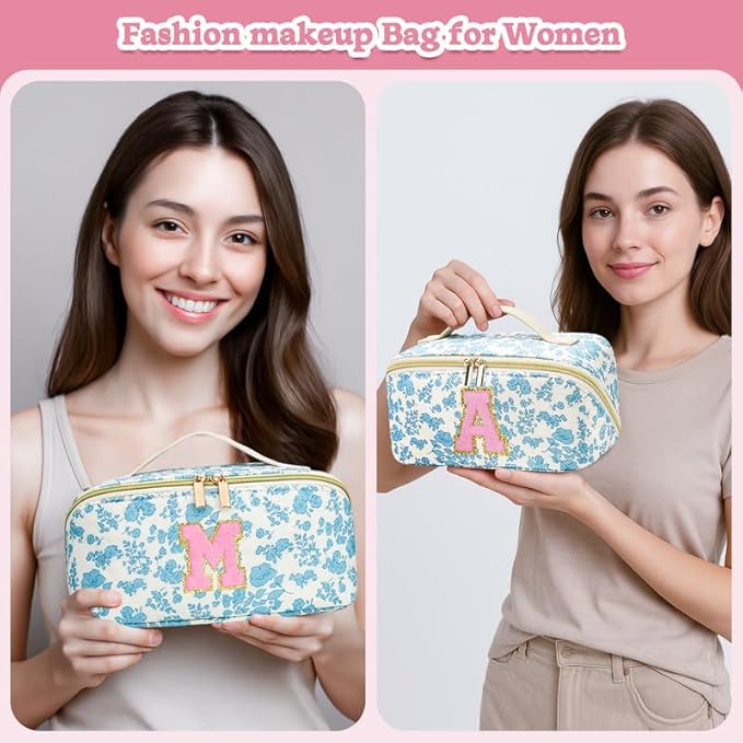 Personalized Travel Makeup Bag Set,Initial Travel Cute Floral Makeup Organizer Bag,Toiletry Skincare Cosmetic Bag,Christmas Gifts for Women/Girls,Open Flat Toiletry Pouch with Brush Pocket-P