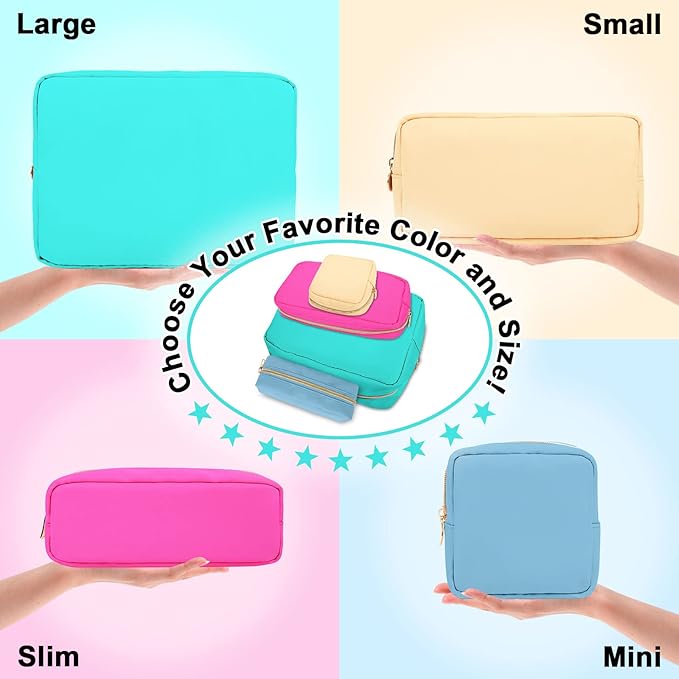 Nylon Large Makeup Bag Travel Pouch for Women, Preppy Big Makeup Bag Cute Cosmetic Zipper Pouch Purse, DIY Chenille Letter Bag Waterproof Toiletry Bag Clutch Make Up Organizer for Women Girls(Mint)