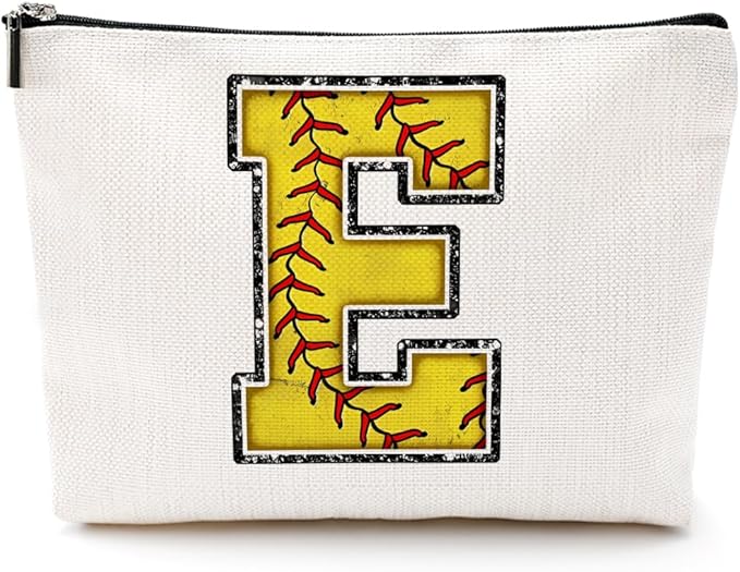 Initial Makeup Bag Monogrammed Cosmetic Bag Letter E Zipper Pouch Softball Accessories for Girls Women Player Coach Niece Graduation Birthday Gifts