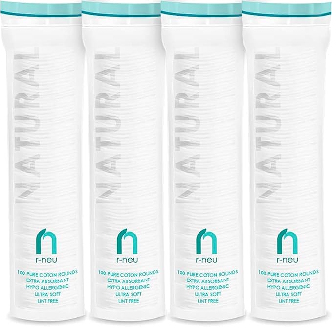 R-Neu Premium [Turkish] Cotton Rounds, 400 Count, Stitched, Waffle Textured, 100% Pure & Natural Cotton Pads for Face, Hypoallergenic Makeup Remover (4 Pack of 100)