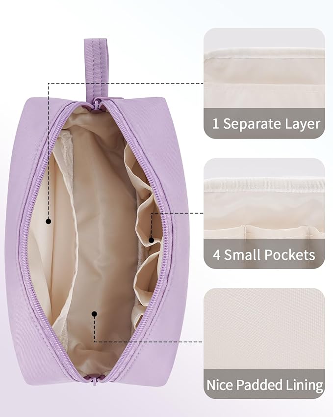 Narwey Cute Makeup Bag Small Toiletry Bag Travel Cosmetic Bag Organizer Make Up Bags with Organized Pockets for Women (Purple, Large)