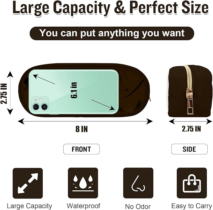 Nylon Small Clear Makeup Bag, Slim Black Makeup Brush Case, Waterproof Travel Toiletry Bag, Zipper Pouch for Purse, Make Up Organizer for Women (Brown)