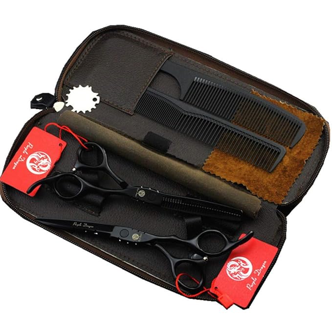 Purple Dragon Professional Japan 440C Hair Salon Cutting Shear and Barber Thinning Scissor Hairdressing Shear Set with Bag (Black, 6 Inch)