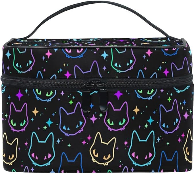 Goth Makeup Bag, Colorful Neon Cat Heads Makeup Organizer Bags Toiletry Bag Box Travel Cosmetic Bag Make Up Train Case for Women Teen Girl Ladies