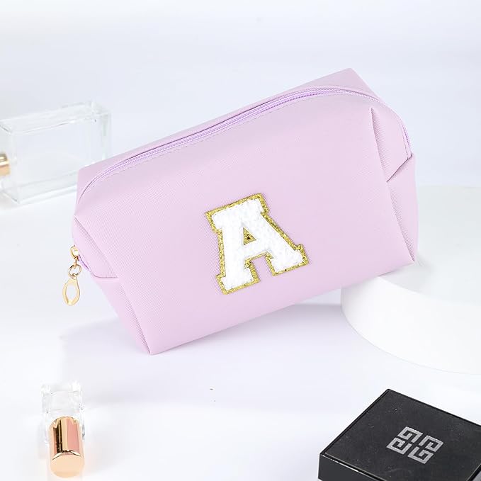 MSQ Personalized Makeup Bag Initial A-Z Patch Bag, PU Leather Cosmetic Bag Pouch Travel Toiletry Bag with Zipper, Gift Ideal for Teen Girls Friend Mom Women Birthday(Purple A)