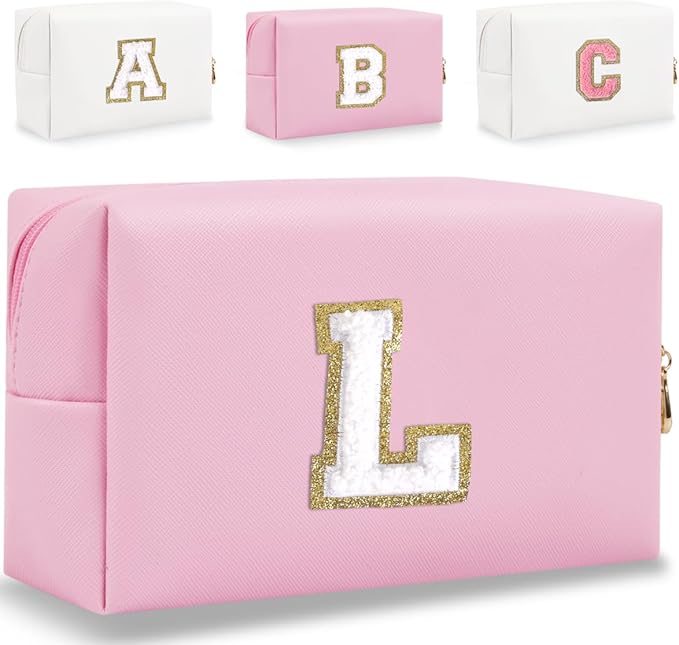 Small Personalized Letter Makeup Bag, Cute PU Leather Chenille Letters Cosmetic Bag Travel Makeup Pouch, Preppy Travel Organizer Zipper Pouch for Women&Girls（Pink-L）