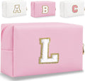 Small Personalized Letter Makeup Bag, Cute PU Leather Chenille Letters Cosmetic Bag Travel Makeup Pouch, Preppy Travel Organizer Zipper Pouch for Women&Girls（Pink-L）