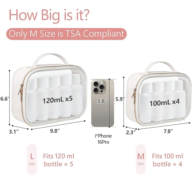 PACKISM TSA Approved Toiletry Bag - Glitter Textured Clear Toiletry Bag, Personalized and Fashion, with 180° Large Opening and Supporting Frame, Perfect for Travel Essentials, Thick No Smell, White