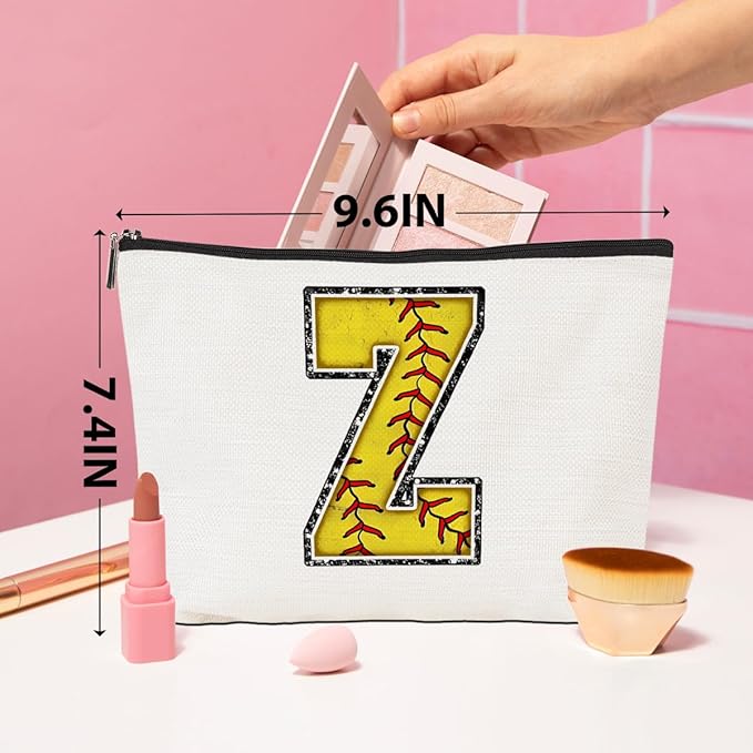 Softball Gifts Initial Monogrammed Cosmetic Bag Letter Z Zipper Pouch for Girls Women Softball Player Coach Friend Graduation Birthday Gifts