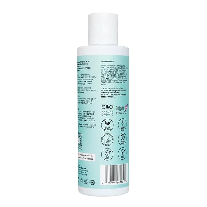 Organic Toner | Skin Care, Face Moisturizer 6.76 Fl. Oz., Rose Water, Aloe Vera
