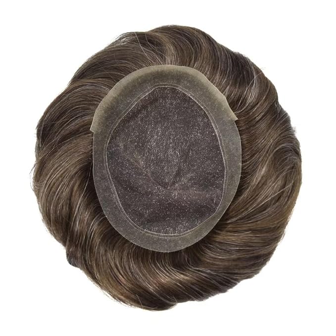 FACE MIRACLE Lace Front Mens Toupee Human Hair System Swiss Lace Center Toupee for Men Thin Skin PU Around Hair Replacement System V-Looped Mens Hair Wig Units 7"X9" #430 Medium Brown with 30% Gray