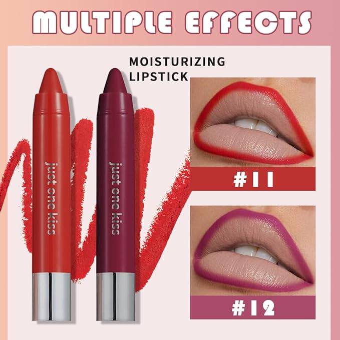 2Pcs Bright Red & Fuchsia Rose Hydrating Cream Lipsticks Lip Crayon for Women, Moisturing Lipstick Longwear Lip Crayon Set for Ombre Shades, Matte Creamy Lips Stick Natural Nourishing Lips Balm Set, F