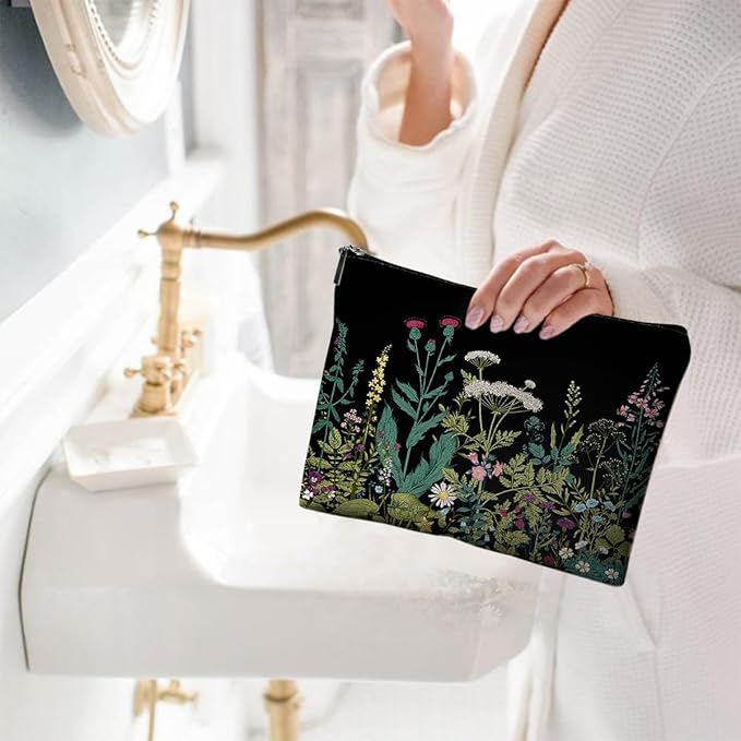 Small Makeup Bag for Purse Cute Canvas Waterproof Cosmetic Bags for Women Zipper Travel Toiletry Pouch-Wildflowers Makeup Bags