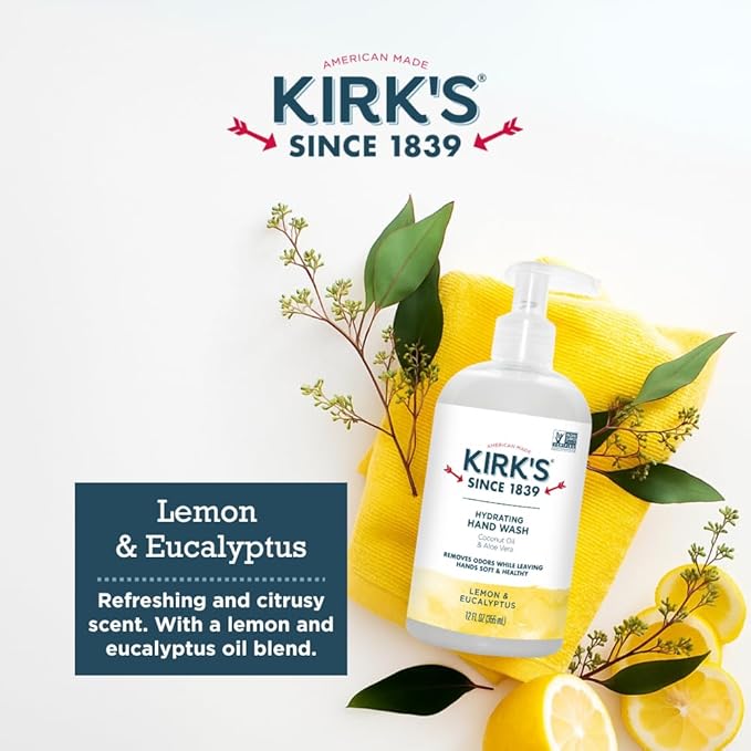Kirk's Hydrating Hand Wash - Made with Coconut Oil and Aloe Vera, With Odor Neutralizing Technology To Help Eliminate Odors, Non-GMO, Vegan, Lemon & Eucalyptus, 12 Fl Oz. 4 pack