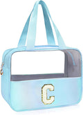 Personalized Initial Clear Makeup Bag Blue Cosmetic Bag Set Large Travel Toiletry Bag, Cute Clear Make Up Bags Organizer Bag for Girlfriend Teacher Gifts Teen Girl Gifts Trendy Stuff C (Blue)