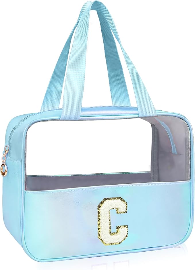 Personalized Initial Clear Makeup Bag Blue Cosmetic Bag Set Large Travel Toiletry Bag, Cute Clear Make Up Bags Organizer Bag for Girlfriend Teacher Gifts Teen Girl Gifts Trendy Stuff C (Blue)