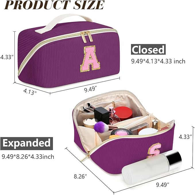 Personalized Initial Makeup Bag,Christmas Gifts for Girl,Preppy Bag Cosmetic Travel Bag Women,Travel Toiletry Organizer,Large Capacity Corduroy Stuff Bag,Cute Cosmetic Pouch Skincare Bag-G