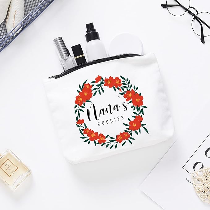 Funny Nana Makeup Zipper Pouch Bag | Floral Nana's Goodies Cosmetic Travel Accessories Bag Make-Up Toiletry Case Pouch Gifts for Mother's Day Christmas Baby Shower