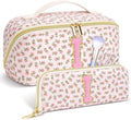 Personalized Travel Makeup Bag Set,Initial Travel Cute Floral Makeup Organizer Bag,Toiletry Skincare Cosmetic Bag,Christmas Gifts for Women/Girls,Open Flat Toiletry Pouch with Brush Pocket-I