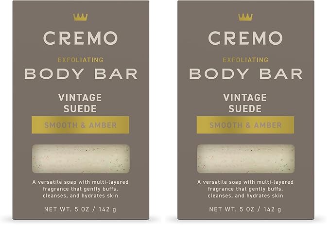 Cremo Exfoliating Body Bar for Men, Vintage Suede Scent, Multi-Layered Fragrance That Buffs, Cleanses and Hydrates Skin, 5oz (Pack of 2)