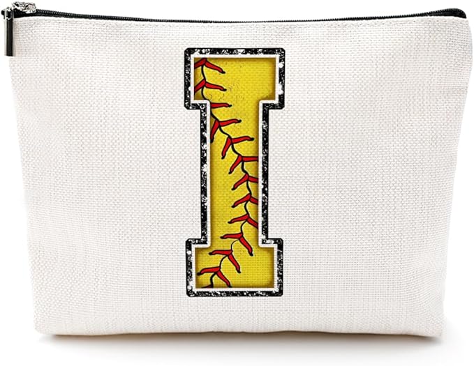 Softball Gifts Initial Makeup Bag Monogrammed Cosmetic Bag Yellow Letter I Zipper Pouch Softball Accessories for Girls Women Softballs Player Coach Friend Softballs Stuff Graduation Birthday Gifts