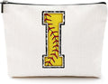 Softball Gifts Initial Makeup Bag Monogrammed Cosmetic Bag Yellow Letter I Zipper Pouch Softball Accessories for Girls Women Softballs Player Coach Friend Softballs Stuff Graduation Birthday Gifts