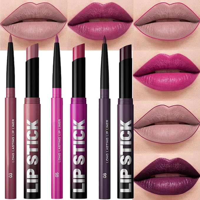 6Pcs 2 in 1 Dark Light Purple Lip Liner and Lipstick Combo Set for Women,Lipstick Stain Lip Liner for Daily & Party Long Lasting Waterproof Smudge Proof 24 Hour Full Coverage Vegan Lip Makeup Kit