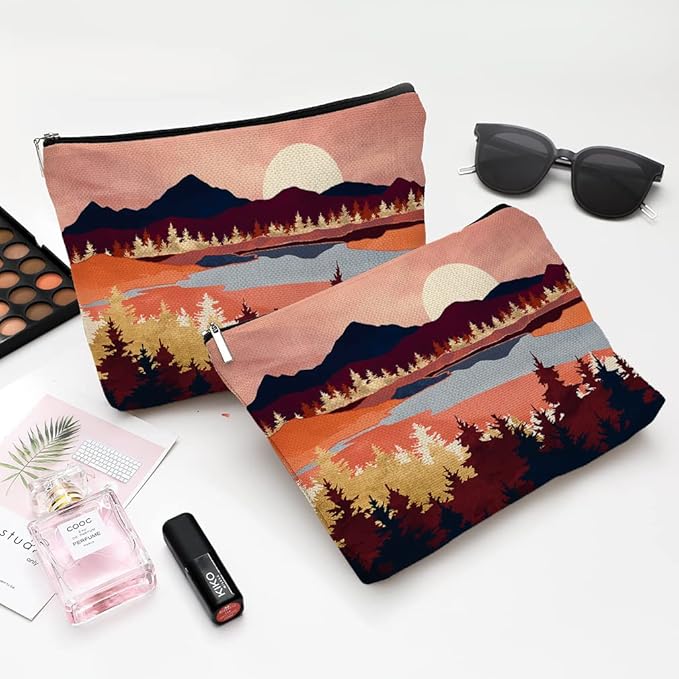 Cute Makeup Bag for Purse Canvas Waterproof Funny Cosmetic Bags for Women Zipper Travel Toiletry Pouch-Mountain Makeup Bags-Red