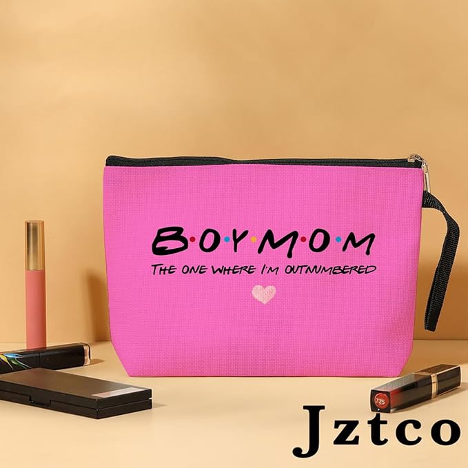 Jztco Boy Mama Makeup Bag, Baby Shower Gifts for Mom First Time, Christmas Birthday Unique Cosmetic Bag Funny Mothers Day, New Mom Gifts - Boy Mama The One Where I'm Outnumbered, Pink