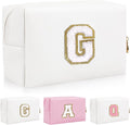 Personalized Initial Letter Patch Makeup Bag, Preppy Portable Chenille Letter Cosmetic Bag with Zipper, PU Leather Waterproof Travel Toiletry Bag Monogram Make Up Pouch for Women Girls(Letter G)