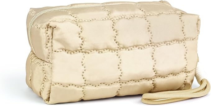 Richeart Makeup Bag Travel Toiletry Bag - Checkered Down Cotton Makeup Pouch for Women with Cosmetic and Pencil, Aesthetic Khaki Design, Small