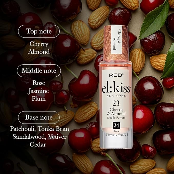 EL:KISS Roll On Perfume, Cherry & Almond Inspired by Tom F Lost Cherry Eau de Parfum 12mL (.40 Fl Oz), Hydrating & Long-Lasting, Alcohol-Free & Mineral Oil-Free, With Jojoba, Argan & Coconut Oil