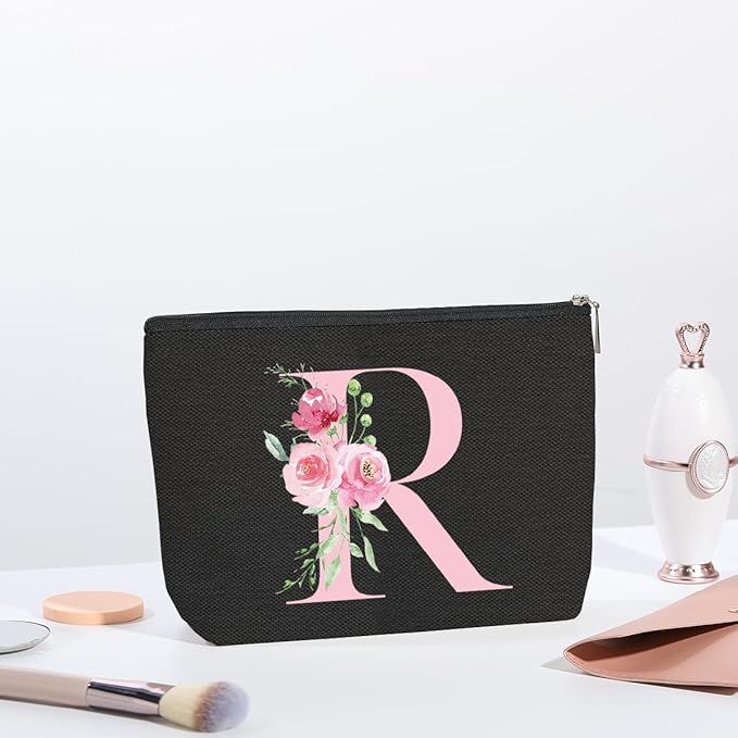 A-Z Personalized Cosmetic Bag Monogrammed Makeup Bags Bridesmaid Gifts Custom Toiletry Pouch Gifts for Women Mom Best Friend Sister Bride Bridesmaid (R)