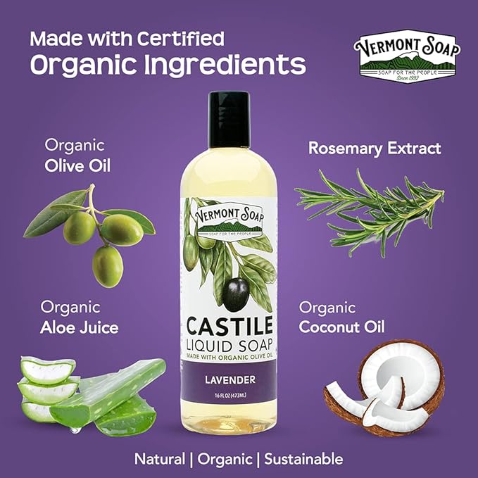 Vermont Castile Soap Lavender, Gentle Liquid Soap for Sensitive Skin & Natural Body Wash, Organic Hair Shampoo for Oily Hair, Aloe Castile for Men & Women - 16 Oz