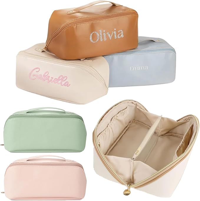 Personalized Open Flat Travel Makeup Bag with Name Real Leather Lazy Lay Flat Cosmetic Bags for Women Custom Toiletry Bag Womens Makeup Case Organizer Small Make Up Pouch for Traveling Large Capacity