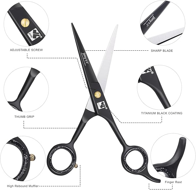 Jimy 6.5" Hair Scissors Professional – Ultra Sharp Razor Edge Stainless-Steel Scissors to Cut Hair – Ergonomic Design Salon Quality Hair Shears for Men, Women & Barbers