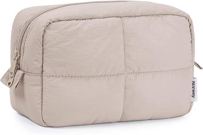 Narwey Puffy Makeup Bag for Travel Women Girl, Quilted Makeup Bag Cosmetic Bag, Cute Puffer Make Up Organizer Bags, Travel Toiletry Bag Toiletries (Khaki)
