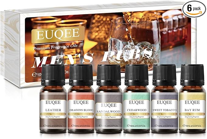 EUQEE 6PCS Fragrance Oils for Men, Men's Pubs Gift Set Premium Fragrance Oils -10ml-Leather, Sweet Tobacco（New Name-Honeyed Haze）, Dragons Blood, Sandalwood, Bay Rum, Cedarwood (Men's Pubs)