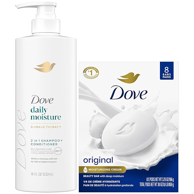 Dove Shampoo & Conditioner 2-in-1 + Dove Beauty Bar Soap 8-Pack – Deep Hydration for Revitalizing Dry Hair and Skin (9-Piece Set)
