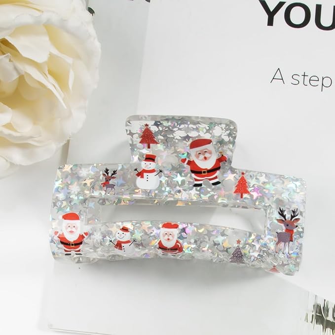 Christmas Hair Clips - Acrylic Square Transparent Large Claw Clip for Medium Thick Hair Styling - Santa Claus Elk Snowman Glitter Design Nonslip Clamp Accessories - 1Pcs Christmas Hair Decorations