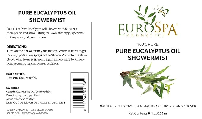 EuroSpa Aromatics Pure Eucalyptus Oil ShowerMist and Steam Room Spray, All-Natural Premium Aromatherapy Essential Oils - Pure Eucalyptus, 8oz