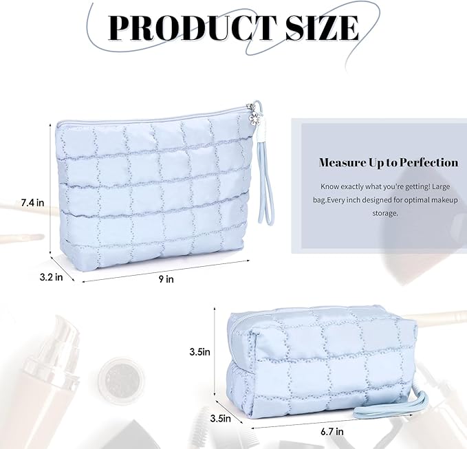 Richeart Makeup Bag Travel Toiletry Bag - Checkered Down Cotton Makeup Pouch for Women with Cosmetic and Pencil, Aesthetic Light blue Design, Large