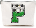 Soccer Gifts Initial Makeup Bag Monogrammed Cosmetic Bag Letter P Zipper Pouch Soccer Accessories for Girls Women Soccer Player Coach Friend Soccer Stuff Graduation Birthday Gifts