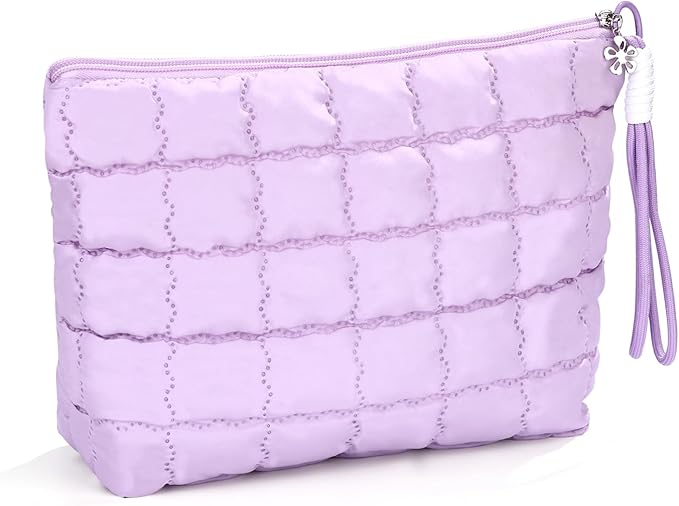 Richeart Makeup Bag Travel Toiletry Bag - Checkered Down Cotton Makeup Pouch for Women with Cosmetic and Pencil, Aesthetic Purple Design, Large