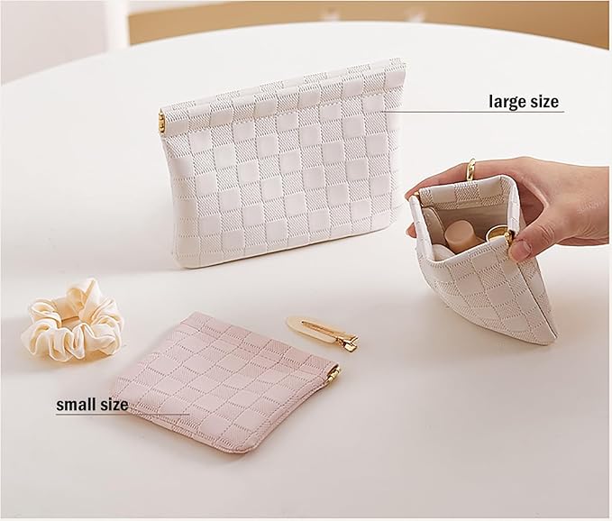 Leather Pocket Cosmetic Bag for Purse,Coin Purse Lipstick Cosmetic Accessories Organizer, Travel Kit Storage Pouch,Waterproof Portable No Zipper Self-closing (White/Small)