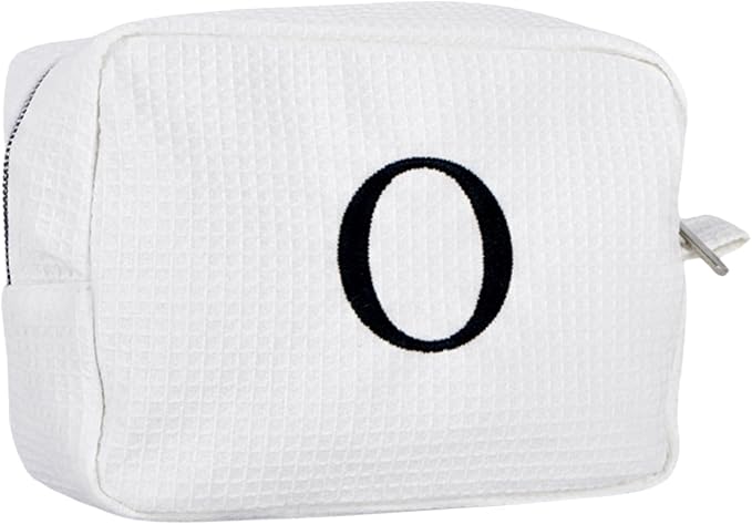 Personalized White Waffle Makeup Bag,Custom Embroidered Initial Cosmetic Pouch for Women,Monogrammed Cosmetic Case,Bridesmaid Gifts (O)