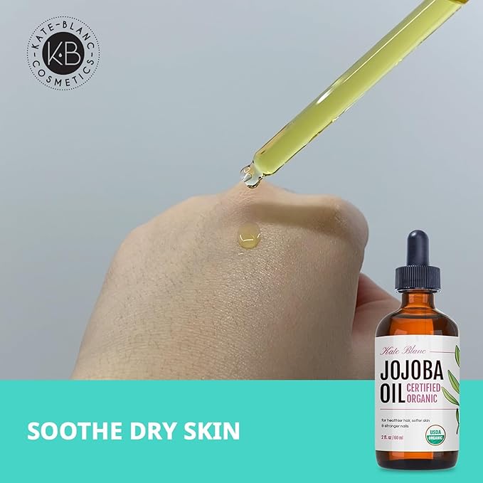 Kate Blanc Cosmetics Organic Jojoba Oil for Hair, Skin & Face (2oz, 100% Pure Cold Pressed, Natural). Gua Sha Oil for Face & Dermaplaning
