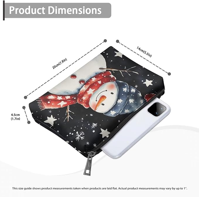 COEQINE Christmas Makeup Pouch for Purses for Women Leather Snowman Black Stars Mini Cosmetics Bag Cute Cosmetic Pouch for Women with Zipper Pen Pencil Toiletry Pouch for Birthday Xmas Gift